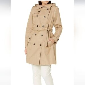 London Fog Women's Belted Trench Coat W/ Removable Hood Size Small British Khaki